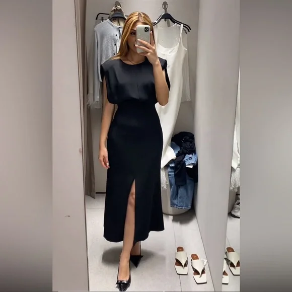 ZARA Shoulder Pad Crepe Midi Dress Black Fitted waist shoulder pads Size S  NWT